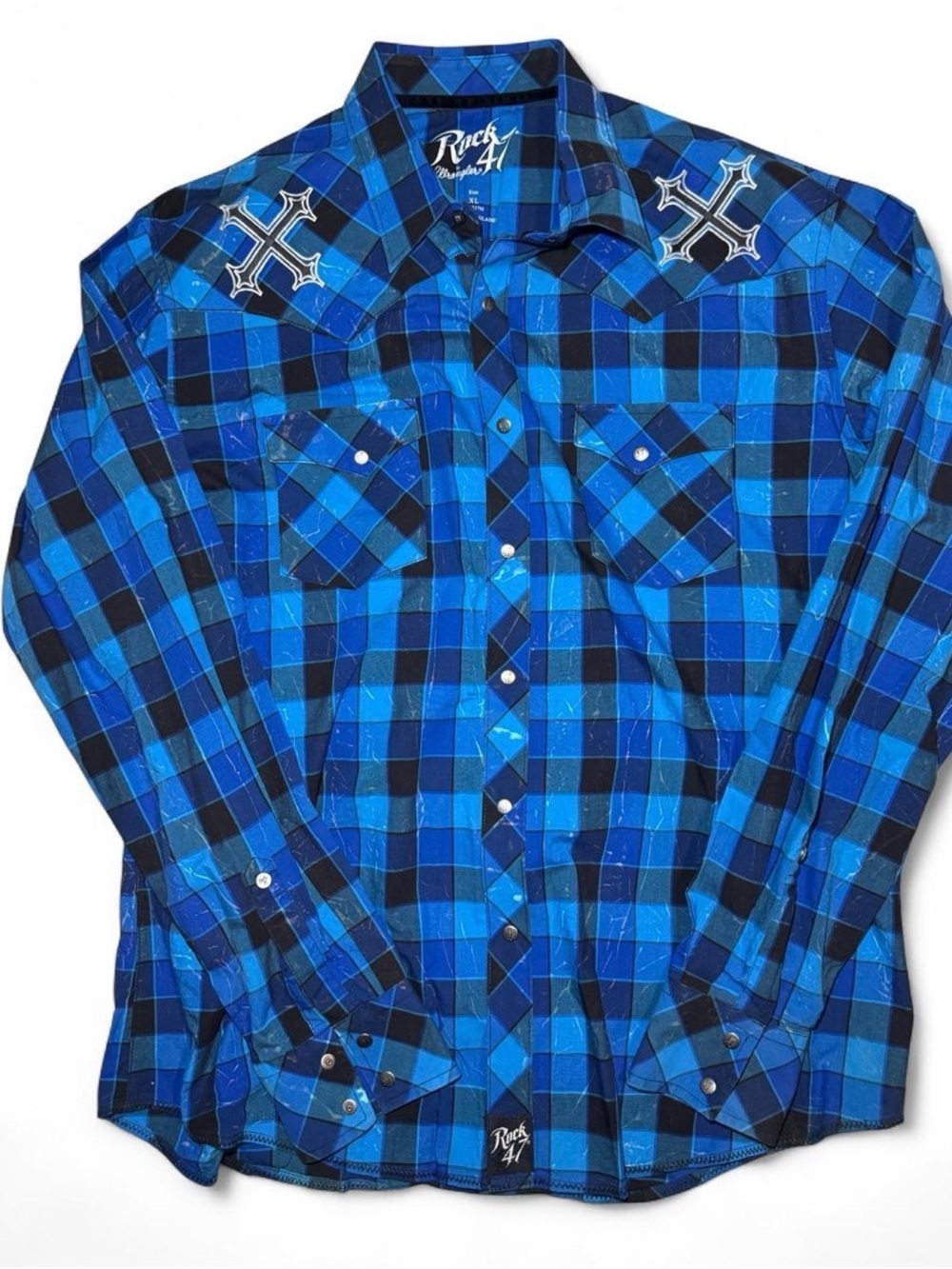 Rock 47 Men's Blue Plaid Western Snap Shirt